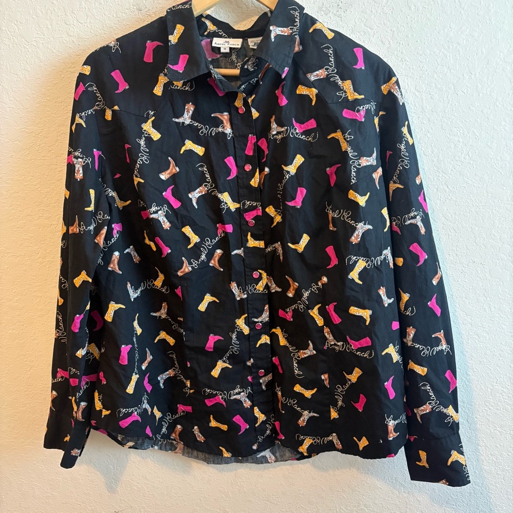 Angel Ranch Women’s Button Down Western Cowgirl All Over Boot Print Size 1X